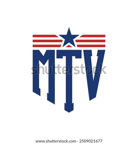 Patriotic MTV Logo with Star and American Flag Straps. Letter MTV Logo with USA Flag