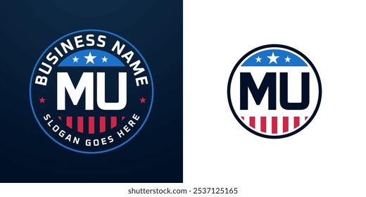 Design do logotipo Patriotic MU. Letra logotipo MU com bandeira americana e estrela, design patriótico