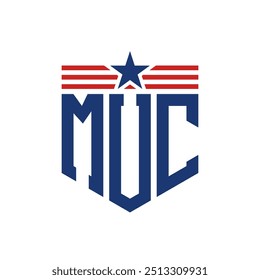 Logotipo patriótico de MUC con correas de estrella y bandera estadounidense. Logo de la letra MUC con bandera de Estados Unidos