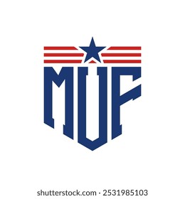 Patriotic MUF Logo with Star and American Flag Straps. Letter MUF Logo with USA Flag