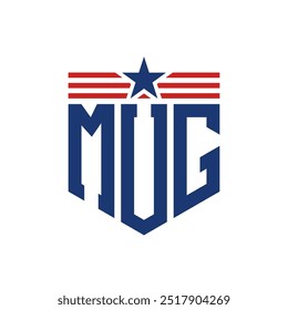 Logotipo Patriotic MUG com Correias de Bandeira Estrela e Americana. Letra MUG Logo com bandeira dos EUA