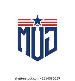 Logotipo patriótico de MUJ con correas de estrella y bandera estadounidense. Letra MUJ Logo con bandera de Estados Unidos