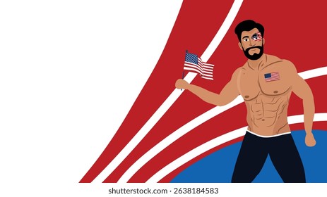 Patriotic Muscular Man Holding American Flag with Bold Red and White Wave Background
