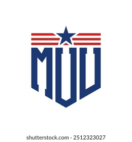 Logotipo patriótico de MUU con correas de estrella y bandera estadounidense. Letra MUU Logo con bandera de Estados Unidos