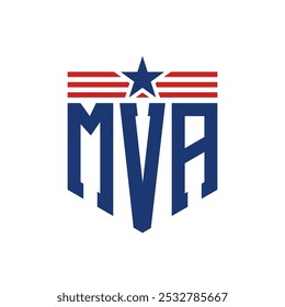 Logotipo patriótico de MVA con correas de estrella y bandera estadounidense. Letra MVA Logo con bandera de EE.UU.