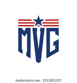 Logotipo patriótico de MVG con correas de estrella y bandera estadounidense. Letra MVG Logo con bandera de EE.UU.