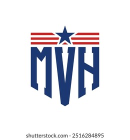 Logotipo Patriótico MVH com Star e American Flag Straps. Letra MVH Logo com Bandeira dos EUA