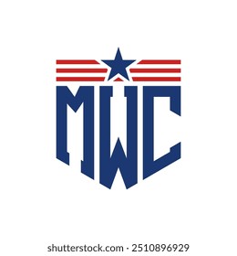 Logotipo patriótico de MWC con correas de estrella y bandera estadounidense. Logo de la letra MWC con bandera de Estados Unidos