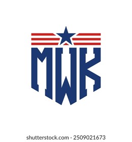 Logotipo patriótico de MWK con correas de estrella y bandera estadounidense. Letra MWK Logo con bandera de Estados Unidos