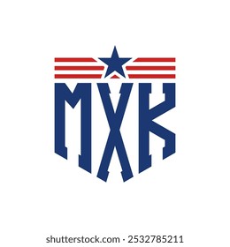 Patriotic MXK Logo with Star and American Flag Straps. Letter MXK Logo with USA Flag