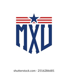 Logotipo patriótico de MXU con correas de estrella y bandera estadounidense. Letra MXU Logo con bandera de Estados Unidos