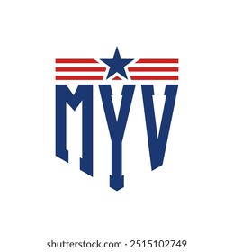 Logotipo patriótico de MYV con correas de estrella y bandera estadounidense. Letra MYV Logo con bandera de Estados Unidos