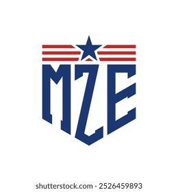 Logotipo patriótico de MZE con correas de estrella y bandera estadounidense. Letra MZE Logo con bandera de Estados Unidos