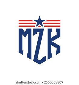 Logotipo patriótico de MZK con correas de estrella y bandera estadounidense. Letra MZK Logo con bandera de Estados Unidos