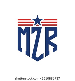 Logotipo Patriotic MZR com Correias Star e Bandeira Americana. Letra MZR Logo com Bandeira dos EUA