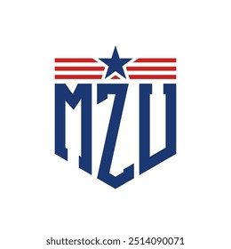 Logotipo patriótico de MZU con correas de estrella y bandera estadounidense. Logo de la letra MZU con bandera de Estados Unidos