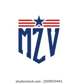 Logotipo patriótico de MZV con correas de estrella y bandera estadounidense. Letra MZV Logo con bandera de Estados Unidos