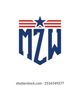 Logotipo patriótico de MZW con correas de estrella y bandera estadounidense. Letra MZW Logo con bandera de Estados Unidos