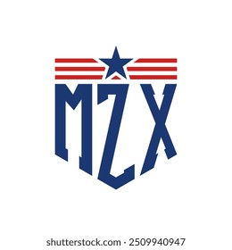 Logotipo Patriotic MZX com Correias Star e Bandeira Americana. Letra MZX Logo com Bandeira dos EUA