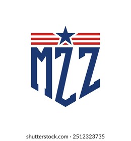 Logotipo patriótico de MZZ con correas de estrella y bandera estadounidense. Letra MZZ Logo con bandera de Estados Unidos