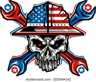 Patriotic Oilfield Roughneck Skull Logo With Hard Hat And Crossed Wrenches