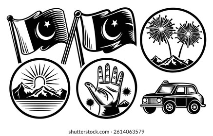 "Patriotic Pakistan Flag Illustrations with Mountains, Hand, Fireworks and Car"