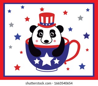 Patriotic panda bear with american hat and stars. Cartoon vector ilustration of panda bear.