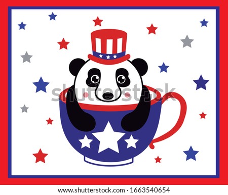 Patriotic panda bear with american hat and stars. Cartoon vector ilustration of panda bear.