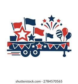 Patriotic parade float decorated with red white and blue stars flags and balloons for american holiday celebration illustration