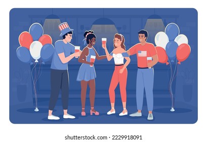 Patriotic party for Independence Day flat color vector illustration. Celebrating 4th of July with friends. Giving toasts. Fully editable 2D simple cartoon characters with bar counter on background