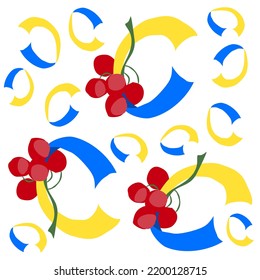 Patriotic pattern of blue and yellow years and viburnum. Ukrainian characters in the alphabet. The letter c