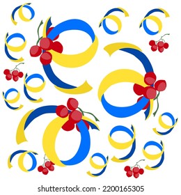 Patriotic pattern of blue and yellow years and viburnum. Ukrainian characters in the alphabet. The letter E