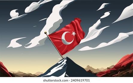 Patriotic Peaks: Turkish Flag Soaring Over Majestic Mountains