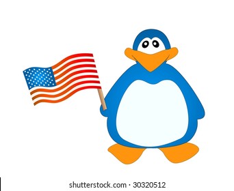 Patriotic a penguin waving flags and smiling