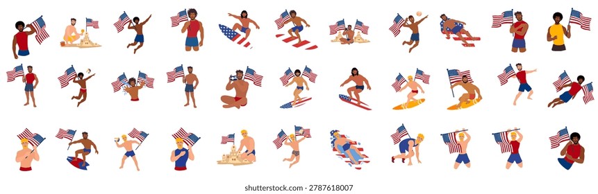 patriotic people having fun at summer beach bundle set
