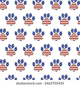 Patriotic Pet Paw Usa Flag Design Pattern. Independence Day. Funny Dog Paw Graphic. Red, White, and Blue American Flag. 4th of July Illustration.