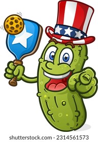 A patriotic pickle uncle sam cartoon mascot pointing at you and wearing an uncle sam hat ready to serve up some all american action on the pickleball court vector illustration