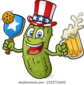 A patriotic pickleball mascot drinking a big mug of beer and wearing an uncle sam hat ready to serve up some all american action vector illustration