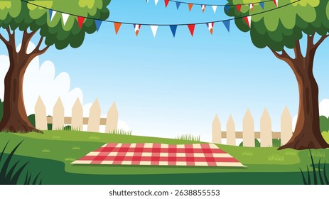 Patriotic picnic scene with red blanket bunting and white fence in summer park