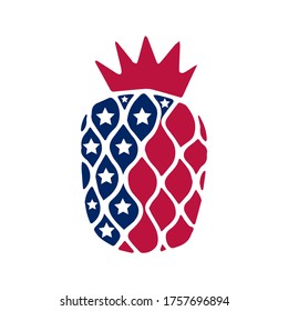 Patriotic pineapple icon isolated on white background. Symbol of 4th of July. American Flag. Pineapple silhouette, stamp, tattoo, concept for Independence Day. T-shirt design. Vector illustration.