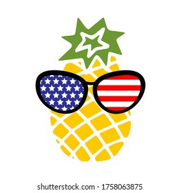 Patriotic pineapple icon isolated on white background. Symbol of 4th of July. American Flag. Merica sunglasses, stamp, tattoo, concept for Independence Day. T-shirt design. Vector illustration.