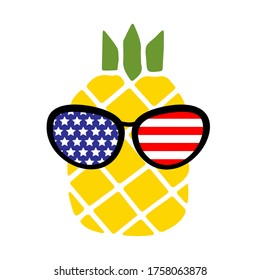 Patriotic pineapple icon isolated on white background. Symbol of 4th of July. American Flag. Merica sunglasses, stamp, tattoo, concept for Independence Day. T-shirt design. Vector illustration.