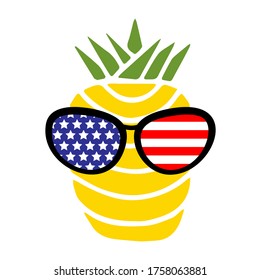 Patriotic pineapple icon isolated on white background. Symbol of 4th of July. American Flag. Merica sunglasses, stamp, tattoo, concept for Independence Day. T-shirt design. Vector illustration.