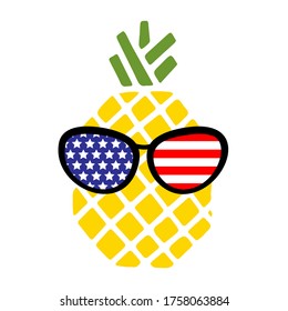 Patriotic pineapple icon isolated on white background. Symbol of 4th of July. American Flag. Merica sunglasses, stamp, tattoo, concept for Independence Day. T-shirt design. Vector illustration.