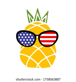 Patriotic pineapple icon isolated on white background. Symbol of 4th of July. American Flag. Merica sunglasses, stamp, tattoo, concept for Independence Day. T-shirt design. Vector illustration.