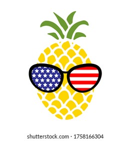 Patriotic pineapple icon isolated on white background. Symbol of 4th of July. American Flag. America sunglasses, stamp, tattoo, concept for Independence Day. T-shirt design. Vector illustration.