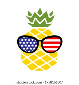 Patriotic pineapple icon isolated on white background. Symbol of 4th of July. American Flag. America sunglasses, stamp, tattoo, concept for Independence Day. T-shirt design. Vector illustration.