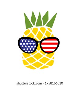 Patriotic pineapple icon isolated on white background. Symbol of 4th of July. American Flag. America sunglasses, stamp, tattoo, concept for Independence Day. T-shirt design. Vector illustration.