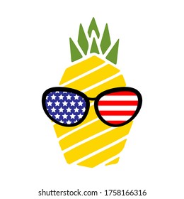 Patriotic pineapple icon isolated on white background. Symbol of 4th of July. American Flag. America sunglasses, stamp, tattoo, concept for Independence Day. T-shirt design. Vector illustration.