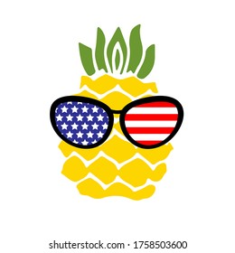 Patriotic pineapple icon isolated on white background. Symbol of 4th of July. American Flag. Merica sunglasses, stamp, tattoo, concept for Independence Day. T-shirt design. Vector illustration.